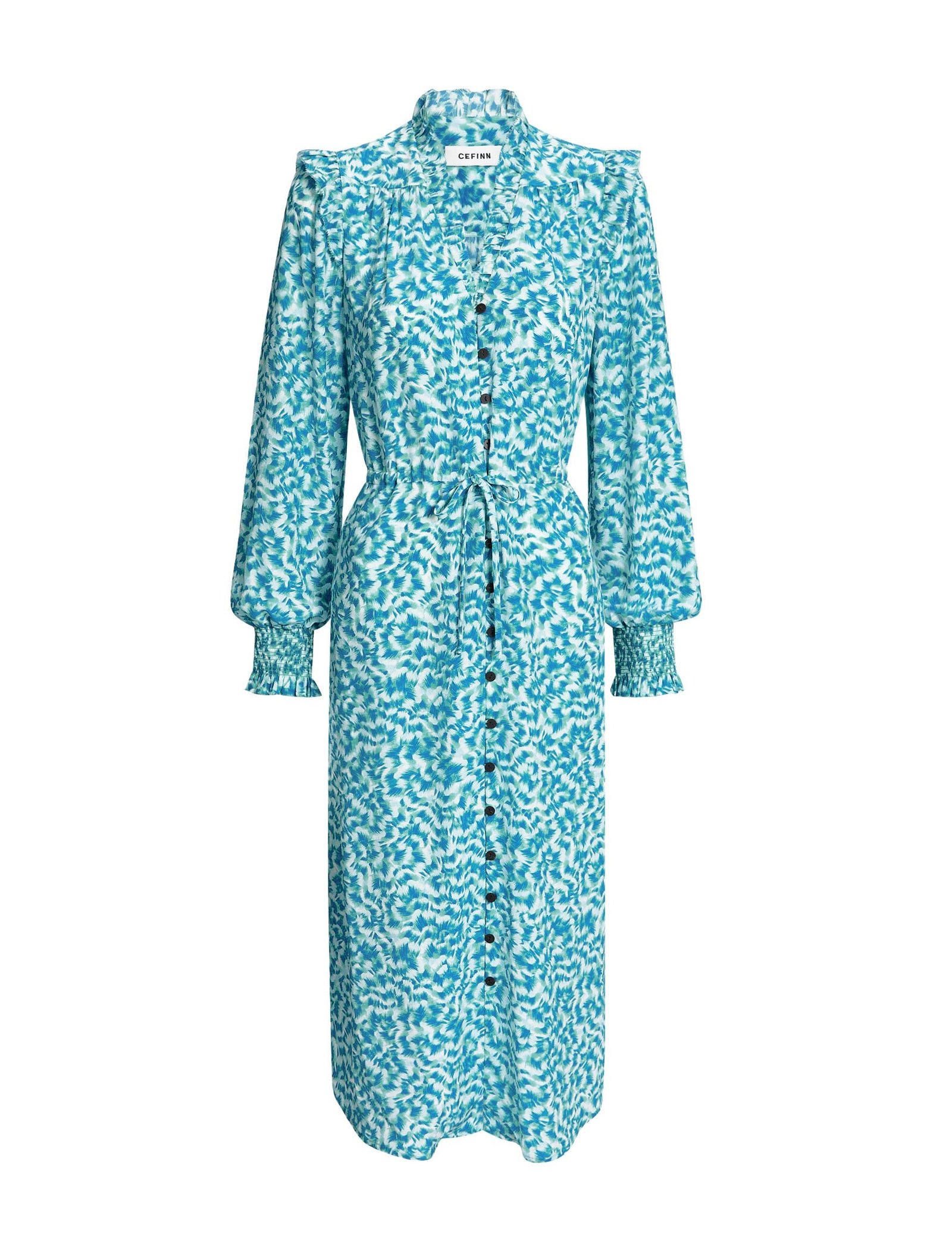 Stella Silk Midi Dress - Blue Green Feather Print - Image 9