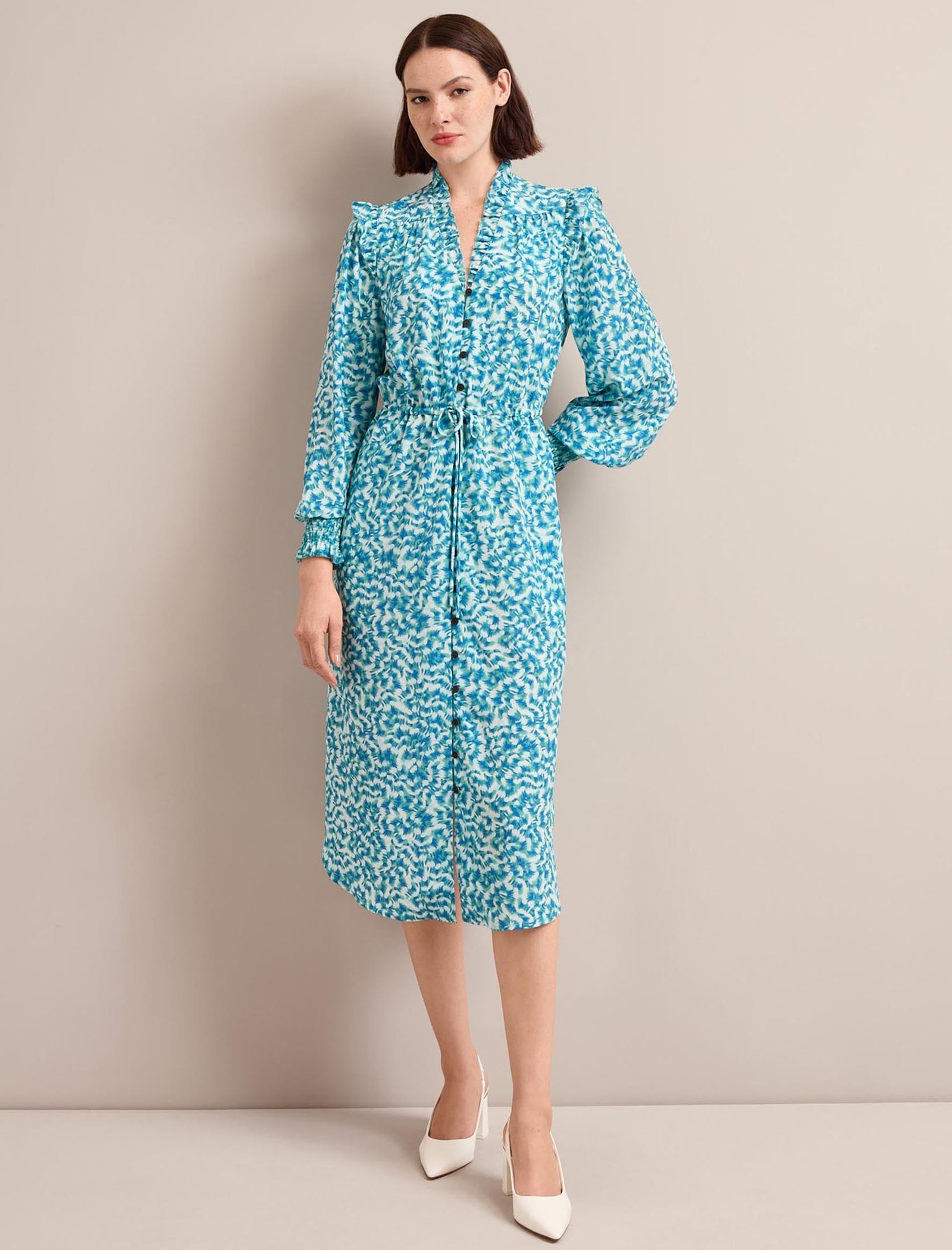 Stella Silk Midi Dress - Blue Green Feather Print - Image 5