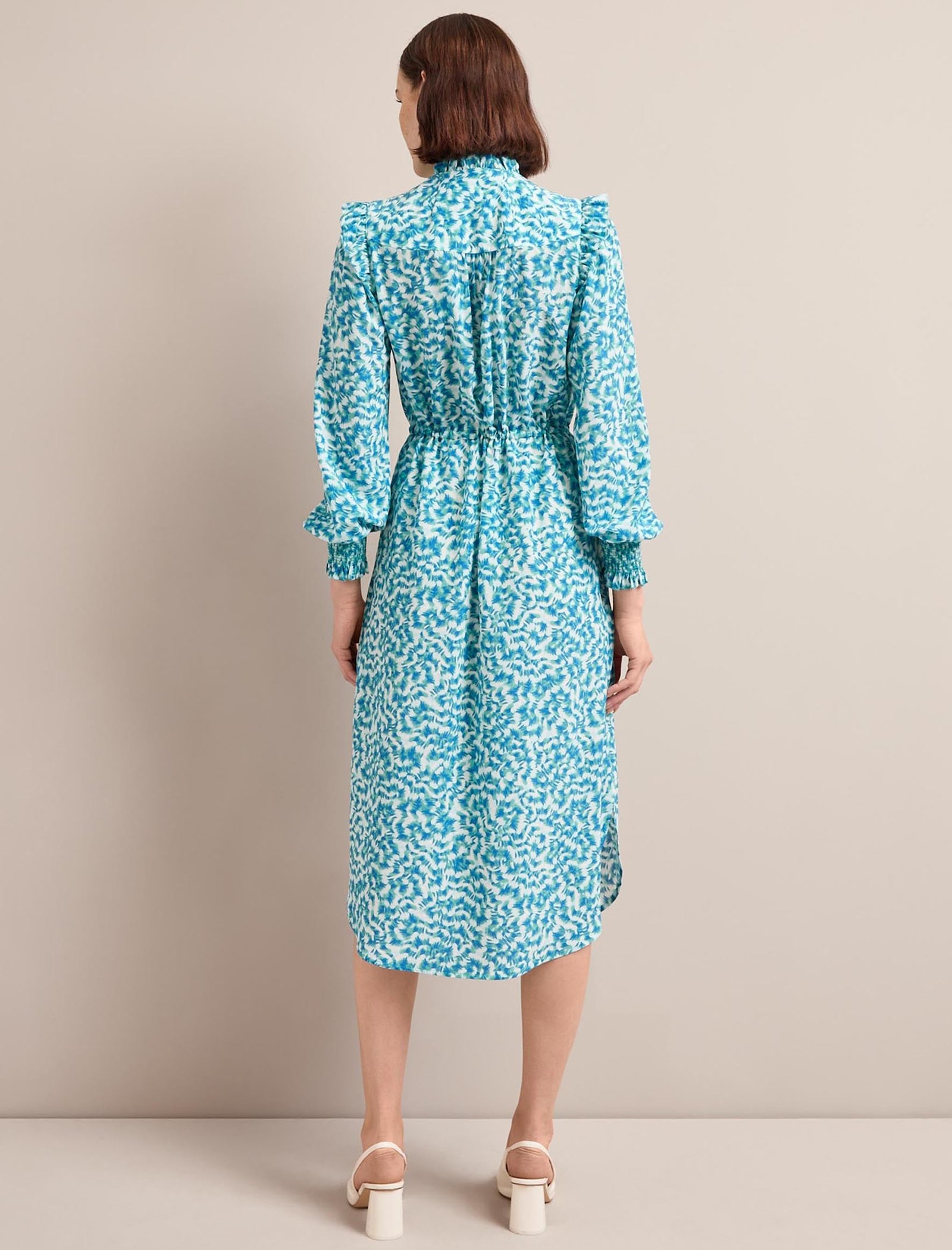Stella Silk Midi Dress - Blue Green Feather Print - Image 8