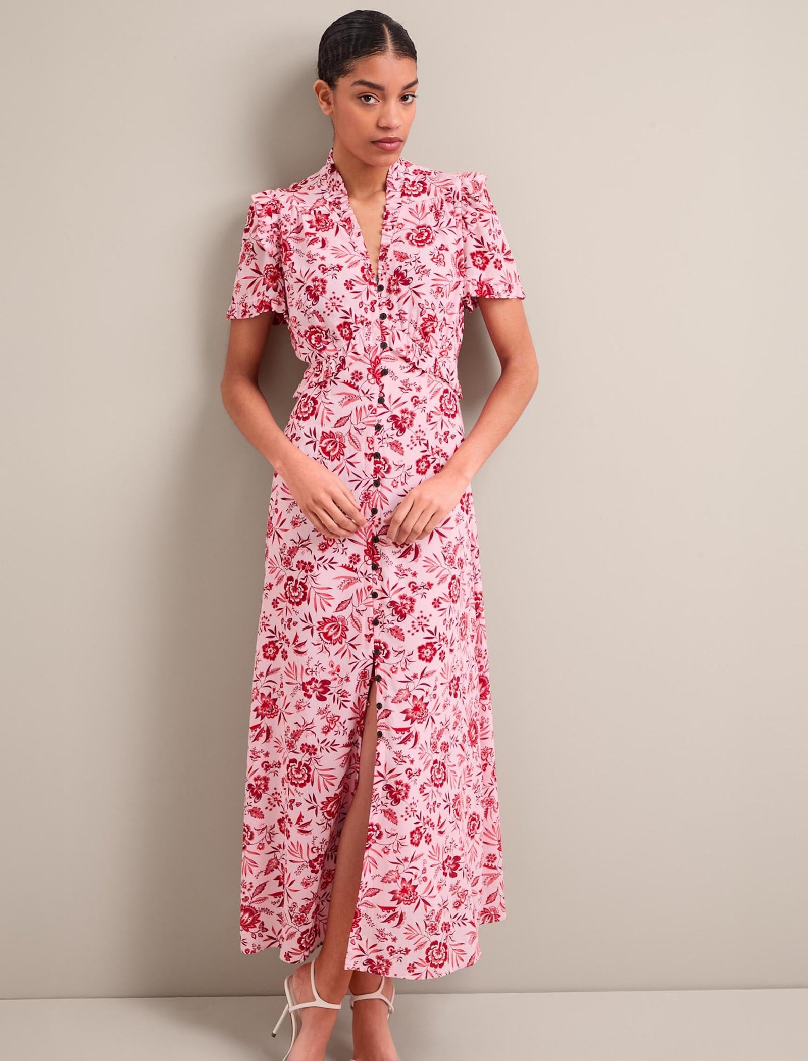 Liliana Cotton Blend Maxi Dress - Pink Palm Floral Print