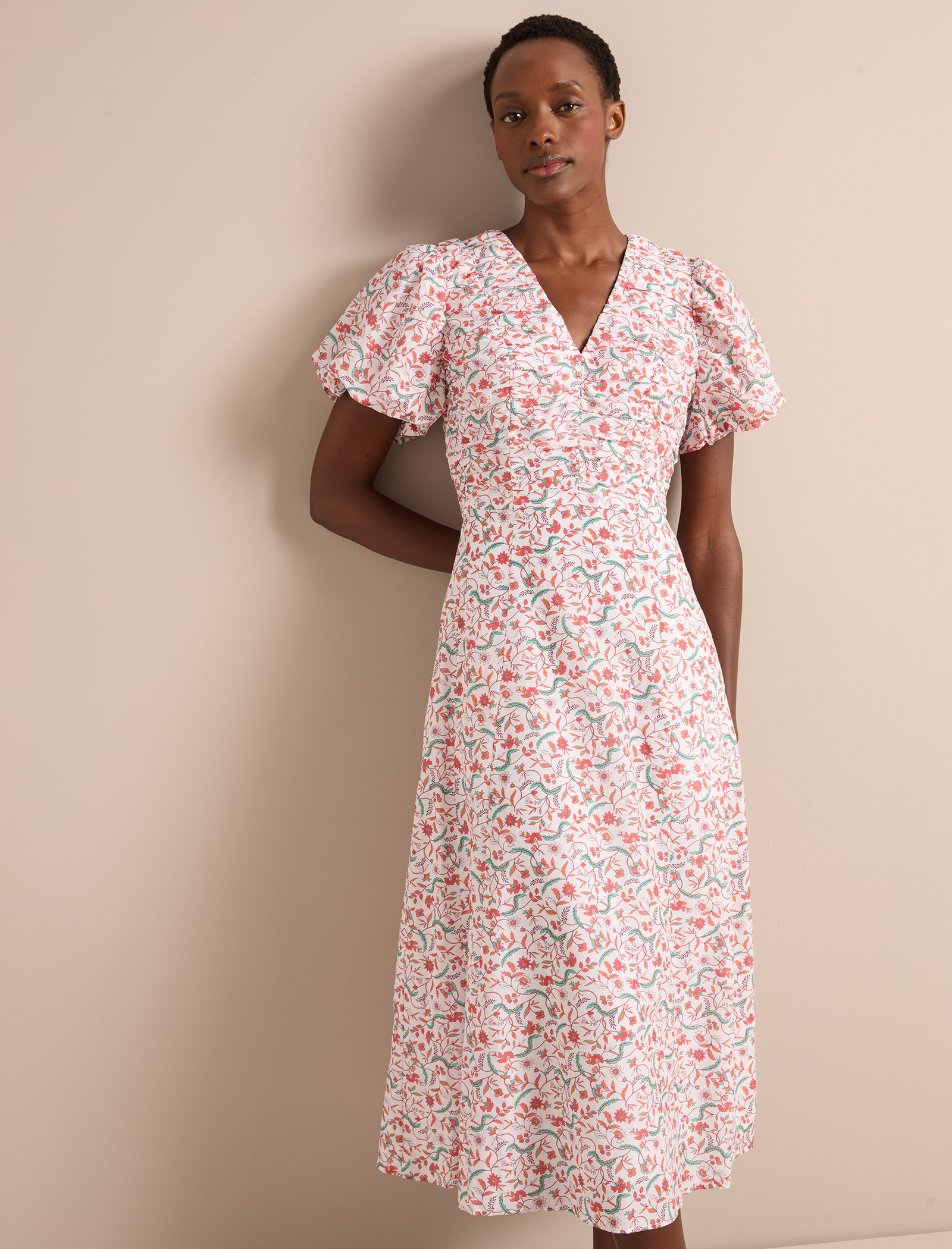 Elisa Silk Blend Midi Dress - Red Trailing Feather Print - Image 3