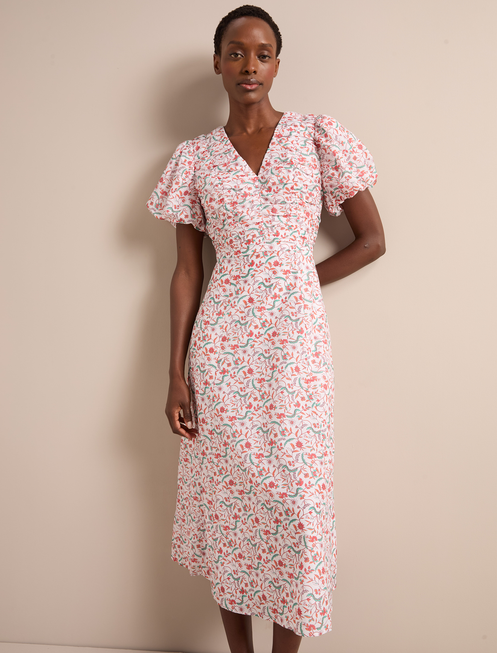 Elisa Silk Blend Midi Dress - Red Trailing Feather Print - Image 5